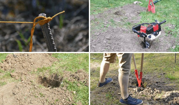 Natažení stavebního provázku a hloubení děr – montáž pletivového plotu